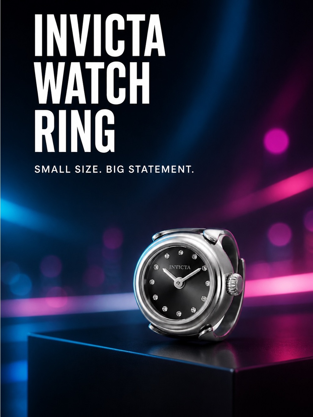 Invicta Silver Black Dial Watch Ring with Crystal Markers